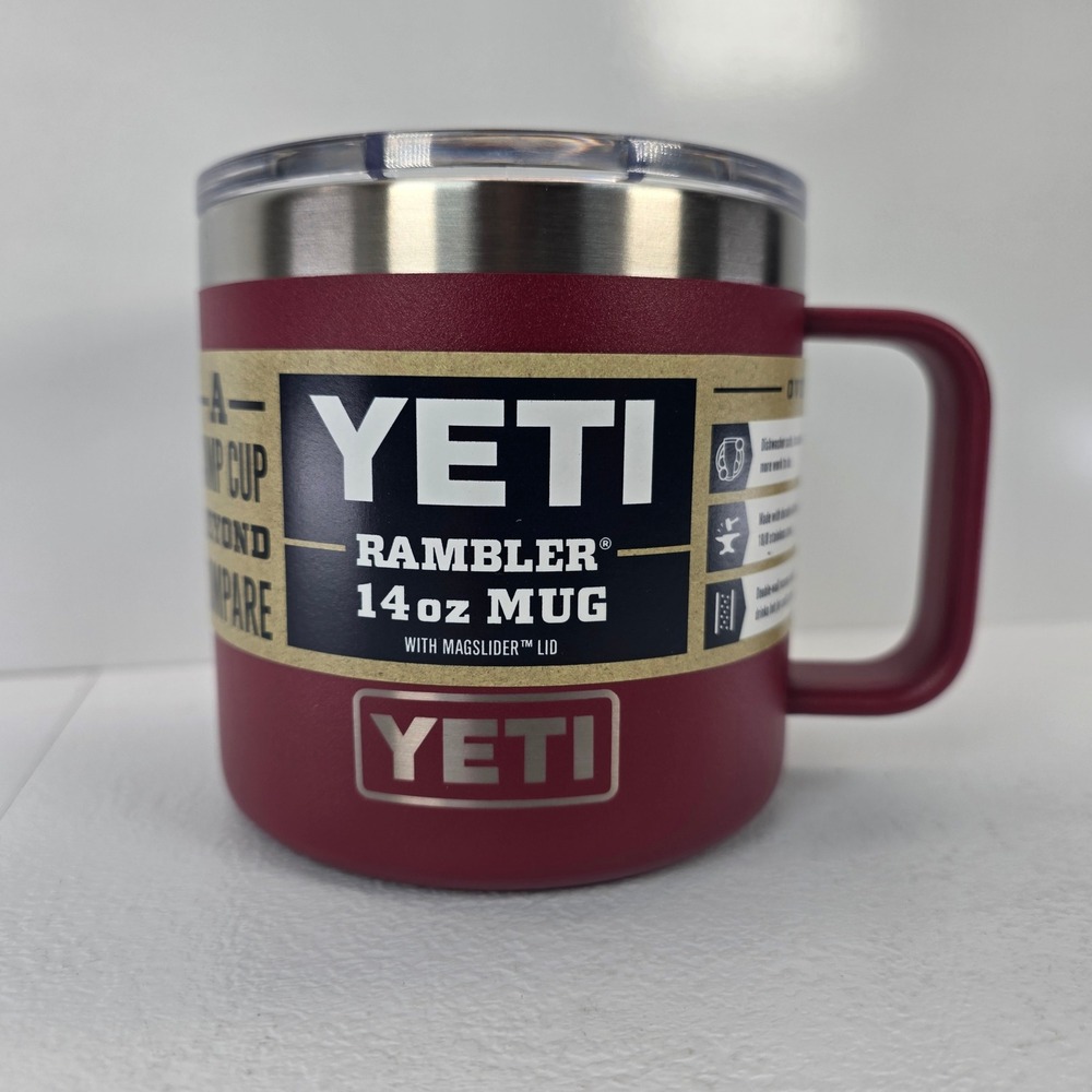 YETI Rambler 14 oz Mug Harvest Red Stainless Steel Vacuum Insulated Camp Cup Lid
